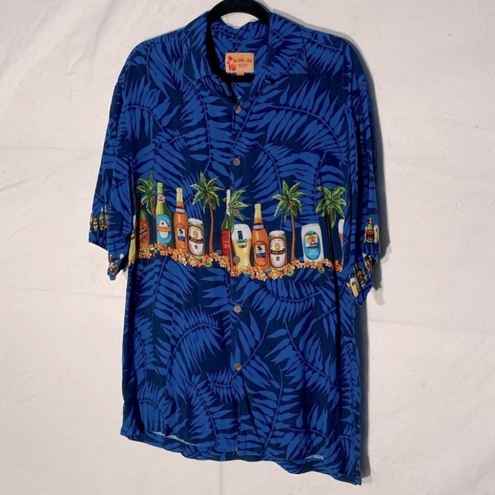 Vintage Aloha Joe Blue Hawaiian Shirt Palm Trees Island Beers M